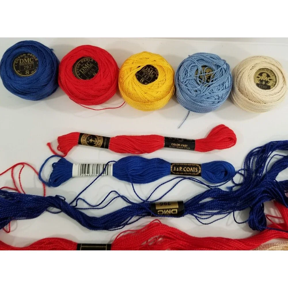 Lot of 12 Embroidery Threads – DMC Floss & Cotton Balls Mixed Colors